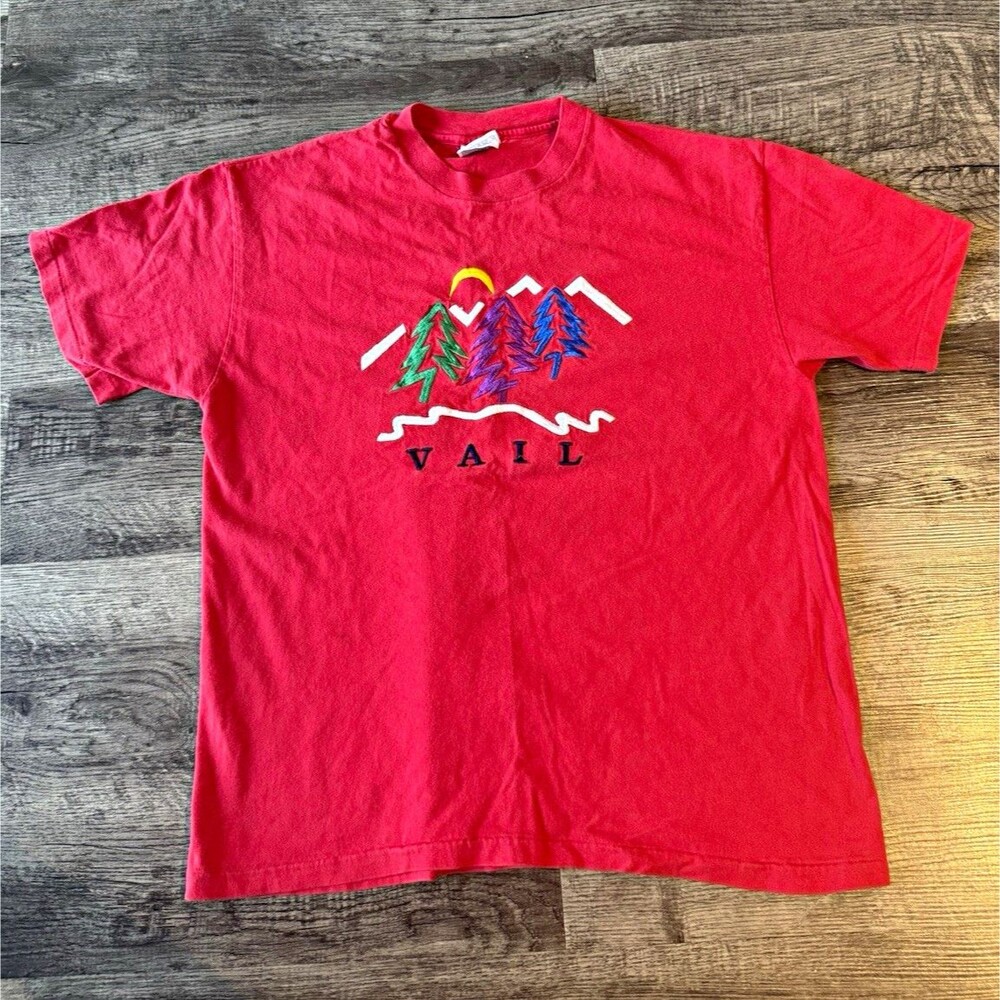 Vintage 90s Vail Colorado Embroidered T-Shirt Mens L Red Hanes Single Stitch